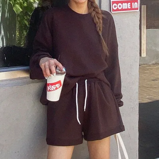 Women Fashion Casual Solid Color Long Sleeve Sweatshirt Loose Shorts Two-Piece Set