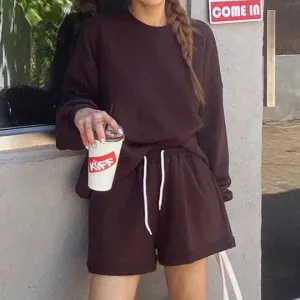Women Fashion Casual Solid Color Long Sleeve Sweatshirt Loose Shorts Two-Piece Set