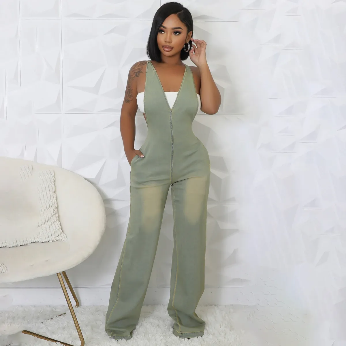 Women Fashion Sexy V-Neck Slim-Fit Stretch Wash Denim Overalls