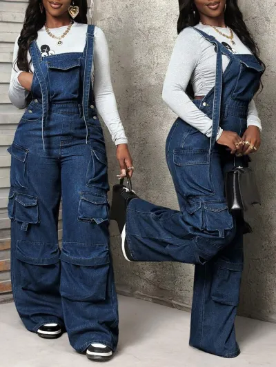 Women Fashion Casual Multi Pocket Wide-Leg Denim Overalls