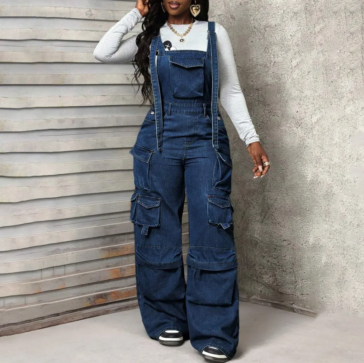 Women Fashion Casual Multi Pocket Wide-Leg Denim Overalls