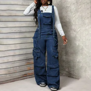 Women Fashion Casual Multi Pocket Wide-Leg Denim Overalls