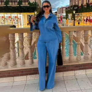 Women Fashion Casual Loose Denim V-Neck Long-Sleeve Top Two-Piece High-Waist Wide-Leg Pants Two-Piece Set