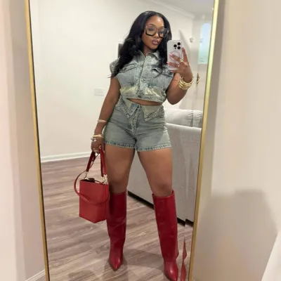 Women Fashion Casual Elastic Denim Color-Block Lapel Sleeveless Tank Top Slim-Fit Shorts Two-Piece Set