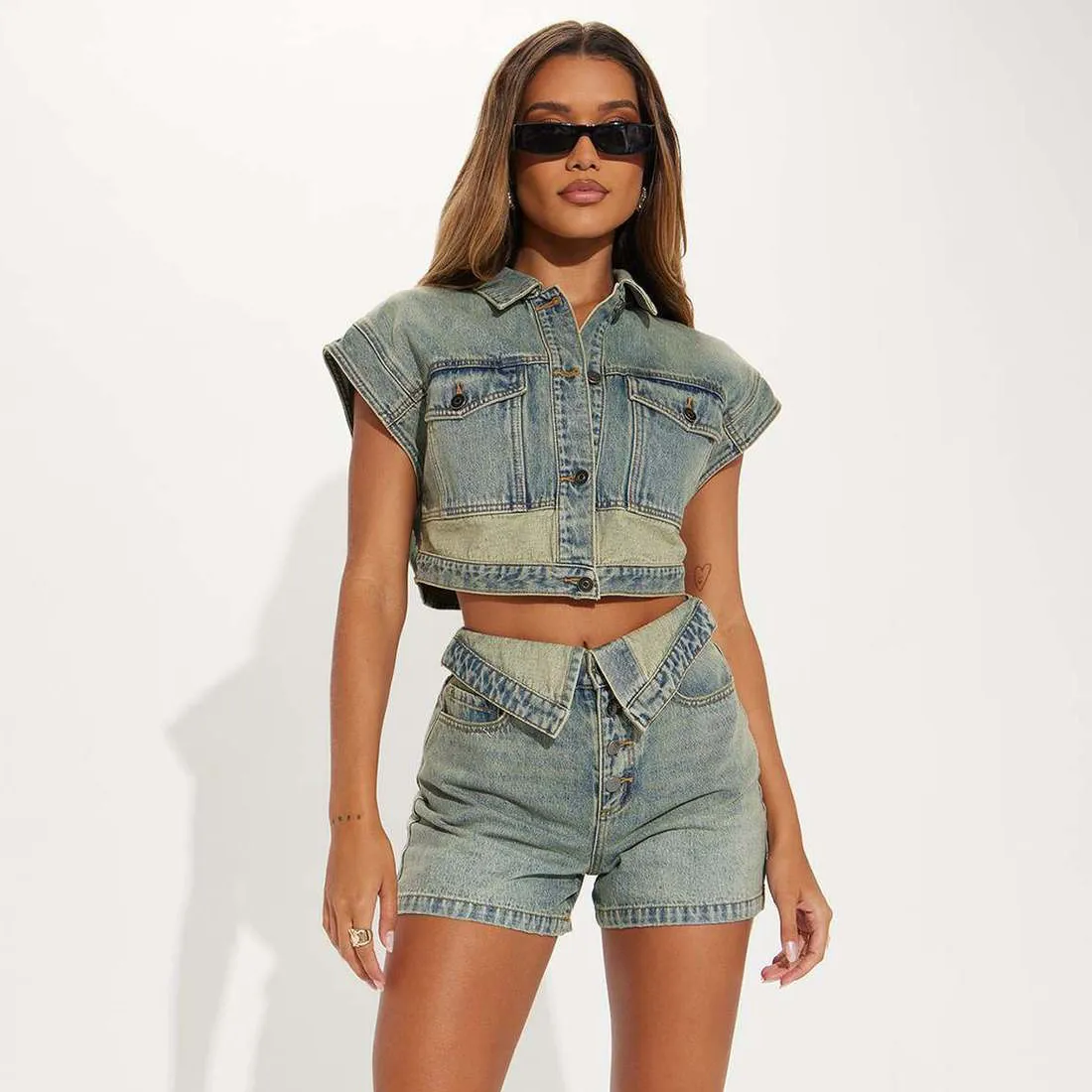 Women Fashion Casual Elastic Denim Color-Block Lapel Sleeveless Tank Top Slim-Fit Shorts Two-Piece Set