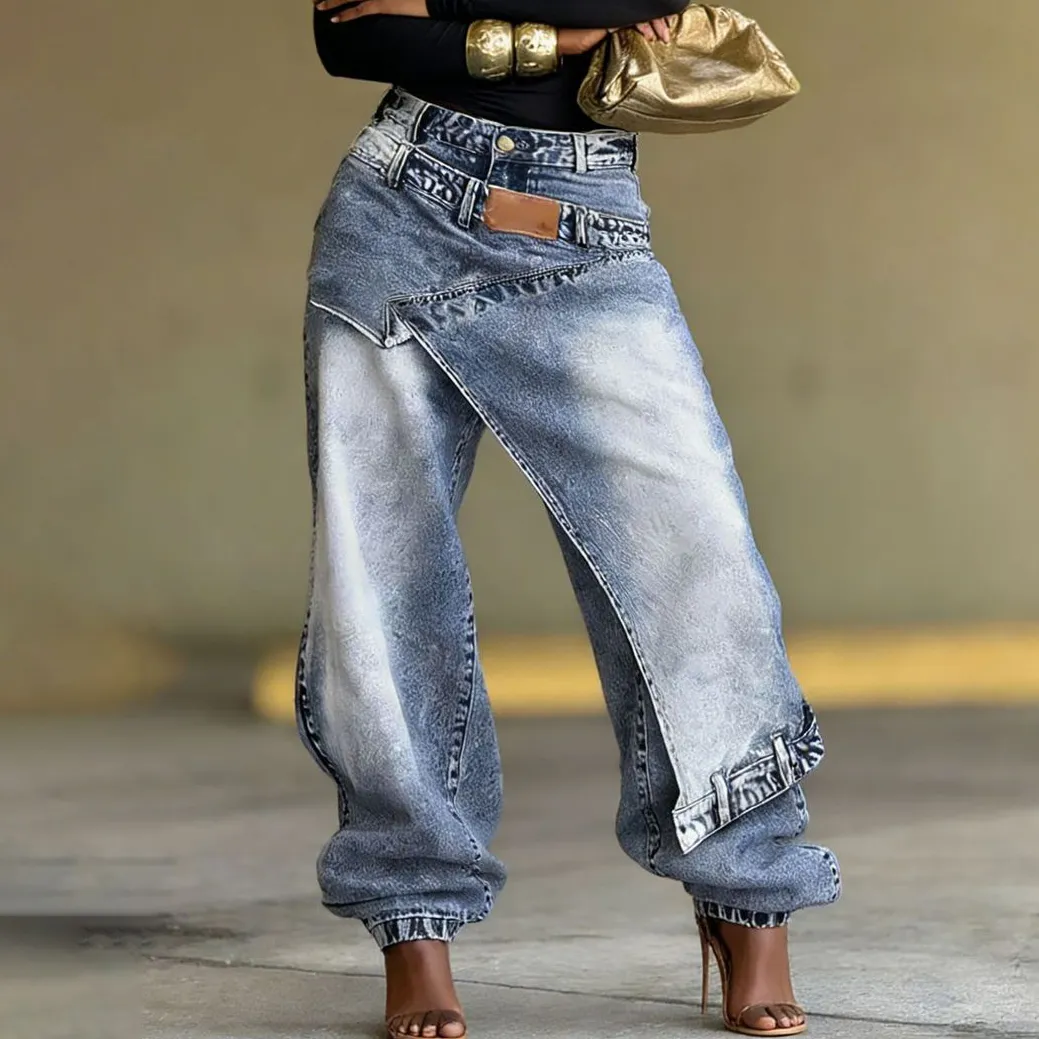 Women Fashion Creative Deconstructed Pieces Stacked Wash Wide Leg Jeans