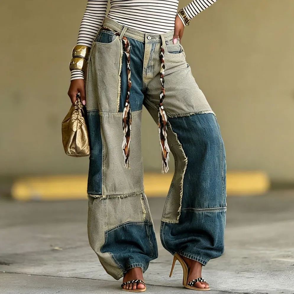 Women Fashion Casual Two-Tone Stitching Contrast Edge Belt Wide Leg Jeans