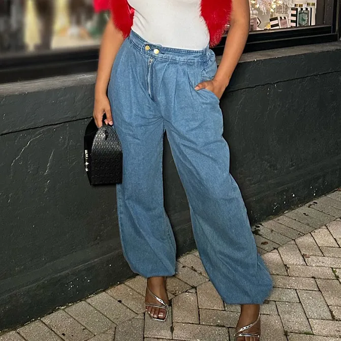 Women Fashion Casual Loose Zipper Joggers Jeans