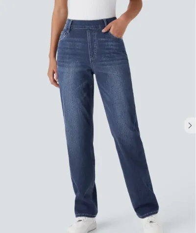 Women Fashion Simple High Waist Breathable Straight Jeans