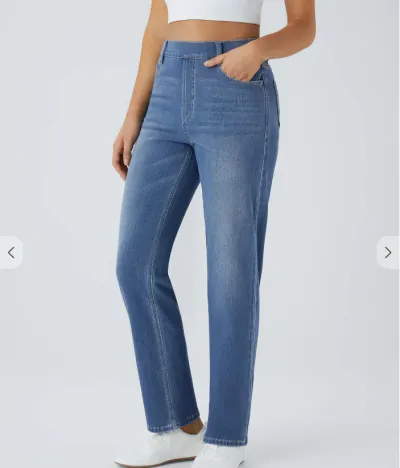 Women Fashion Simple High Waist Breathable Straight Jeans