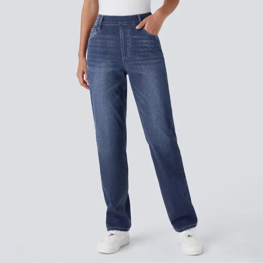 Women Fashion Simple High Waist Breathable Straight Jeans