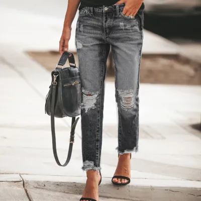 Women Fashion Casual Ripped Straight Jeans
