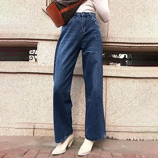 Women Fashion Casual High-Waisted Non-Elastic Wide Leg Jeans