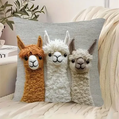 Fashion Cute Alpaca Throw Pillow Cover 2D Flat-Print Imitation Embroidery Pillowcase