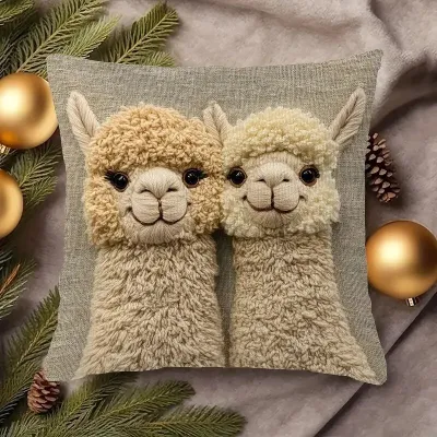 Fashion Cute Alpaca Throw Pillow Cover 2D Flat-Print Imitation Embroidery Pillowcase