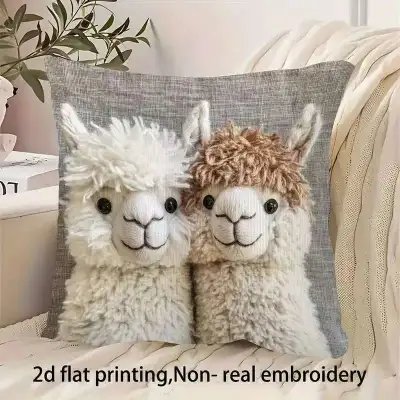 Fashion Cute Alpaca Throw Pillow Cover 2D Flat-Print Imitation Embroidery Pillowcase