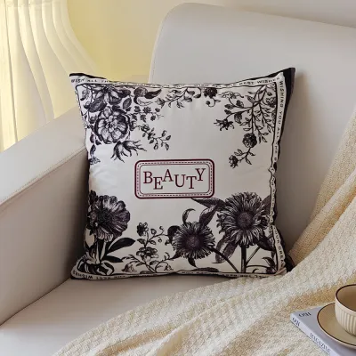 Modern Plant Flower Sofa Pillowcase Polyester Black White