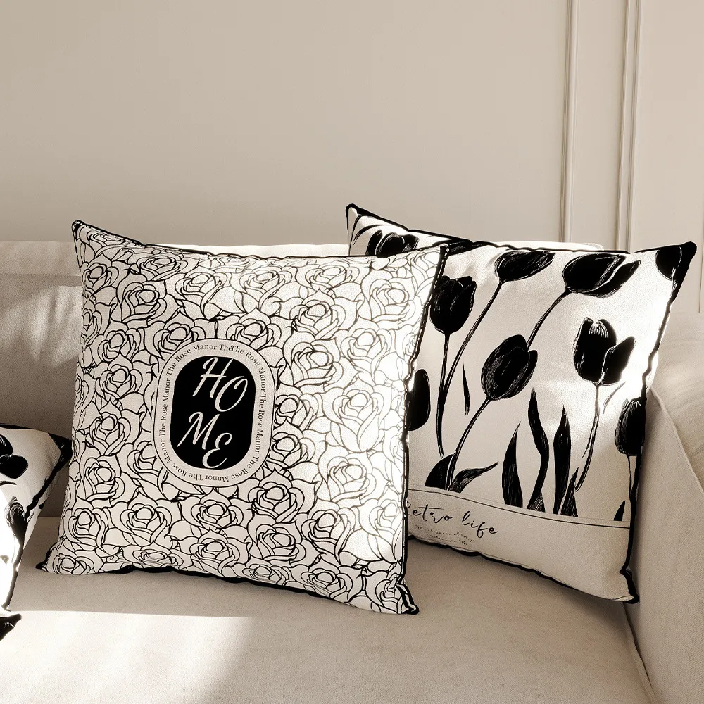 Modern Plant Flower Sofa Pillowcase Polyester Black White