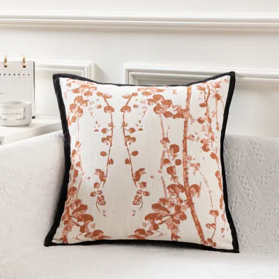 Fashion Jacquard Chenille Black White Back Square Pillow Case Leaves Modern Minimalist