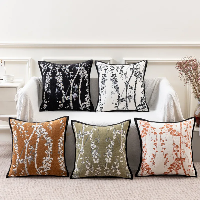 Fashion Jacquard Chenille Black White Back Square Pillow Case Leaves Modern Minimalist