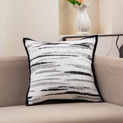 Fashion Black White Chenille Jacquard Plaid Pillow Cover Edge 45x45Cm