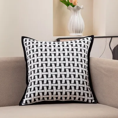 Fashion Black White Chenille Jacquard Plaid Pillow Cover Edge 45x45Cm