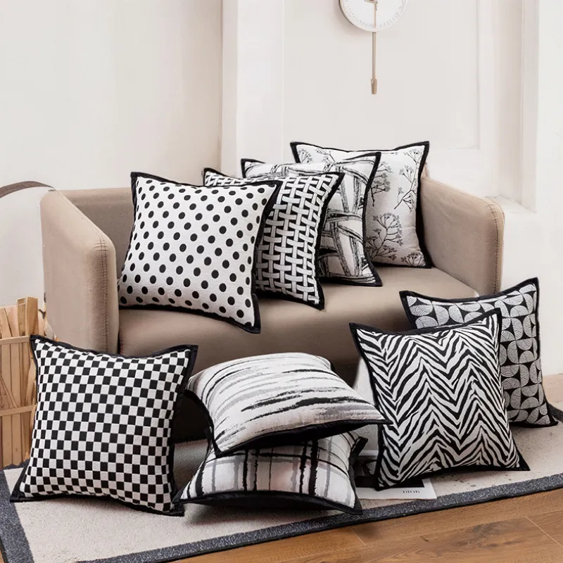 Fashion Black White Chenille Jacquard Plaid Pillow Cover Edge 45x45Cm