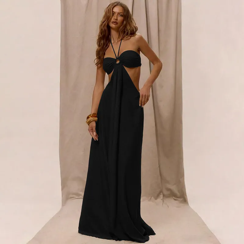 Women Fashion Sexy Solid Color Hollow Halter-Neck Lace-Up Loose Jumpsuit