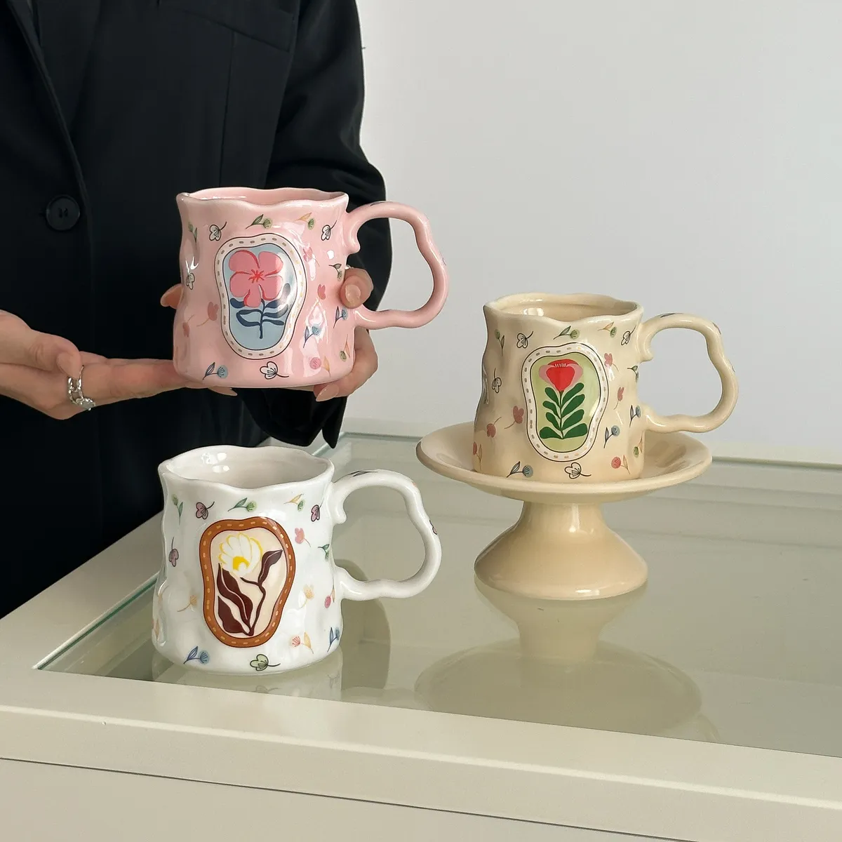Fashion Irregular Flower Ceramic Mug Cup Home Kitchen High-End