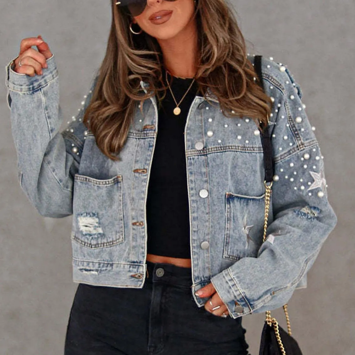 Women Fashion Casual Bead Decoration Five-Pointed Star Lapel Long-Sleeve Denim Jacket