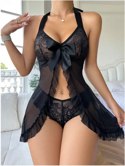 Women Fashion Solid Color Lace Perspective V-Neck Sexy Lingerie Set