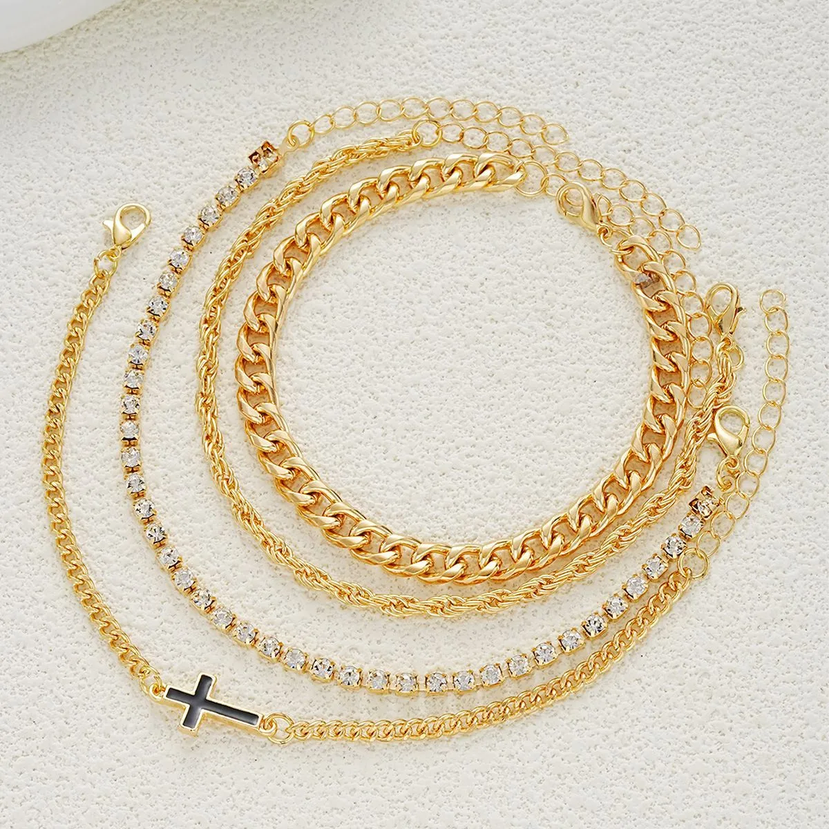 Men Fashion Hip-Hop Cross Zircon Multi-Layer Twist Bracelet Four-Piece Set