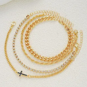 Men Fashion Hip-Hop Cross Zircon Multi-Layer Twist Bracelet Four-Piece Set