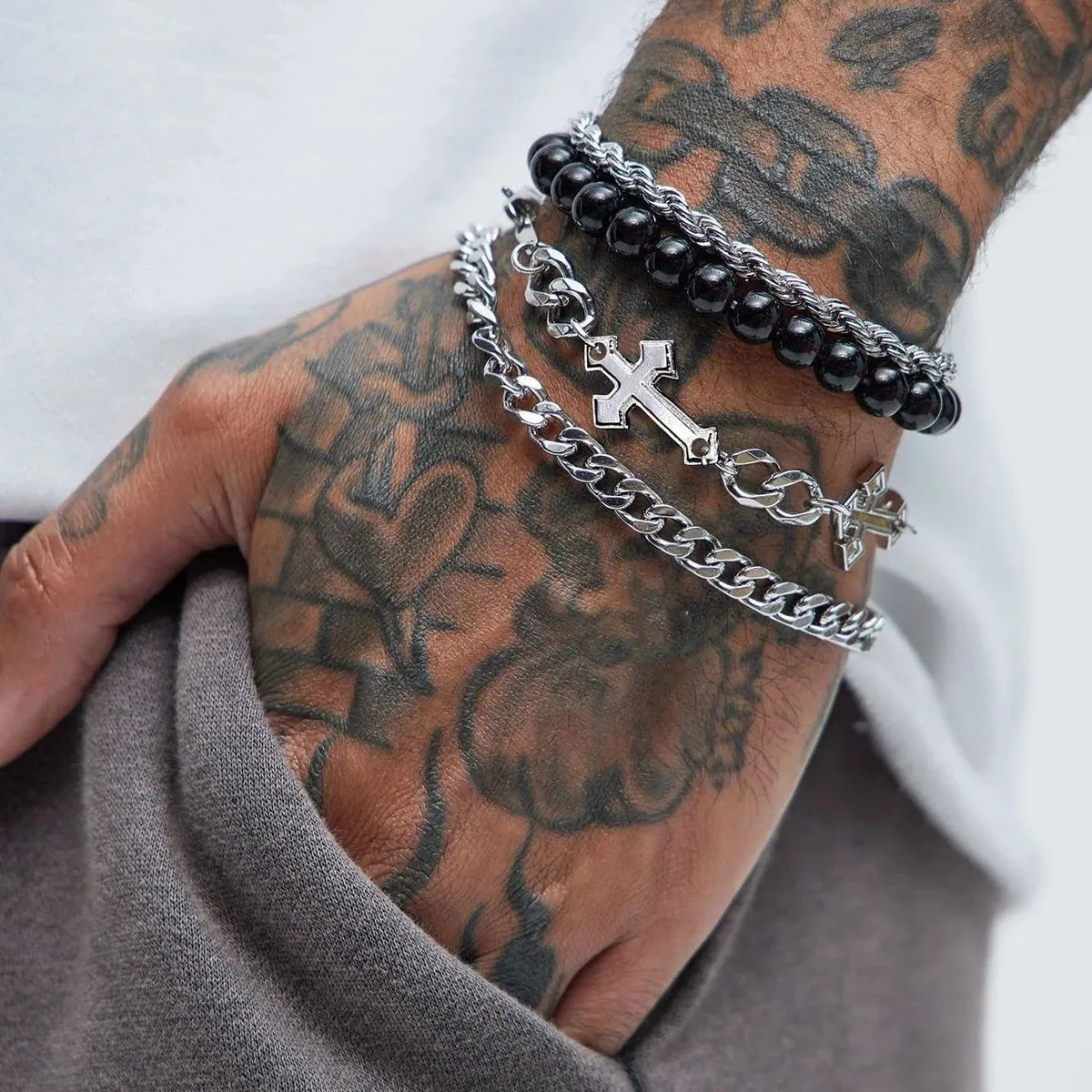 Men's Fashion Dark Cross Beaded Bracelet Set