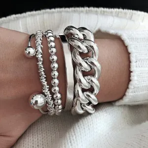 Women Fashion Exaggerated Thick Chain Round Bead Bracelet 5pcs-Set