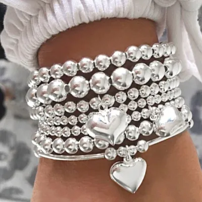 Women Fashion Beaded Love Pendant Stacked Stretch Bracelet Set 7pcs