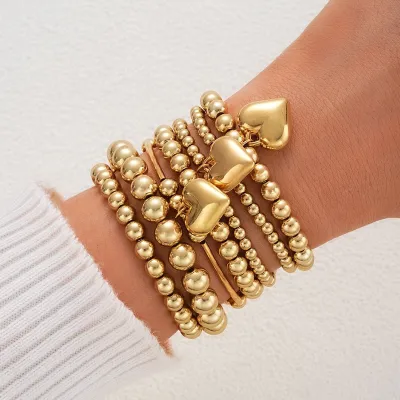 Women Fashion Beaded Love Pendant Stacked Stretch Bracelet Set 7pcs
