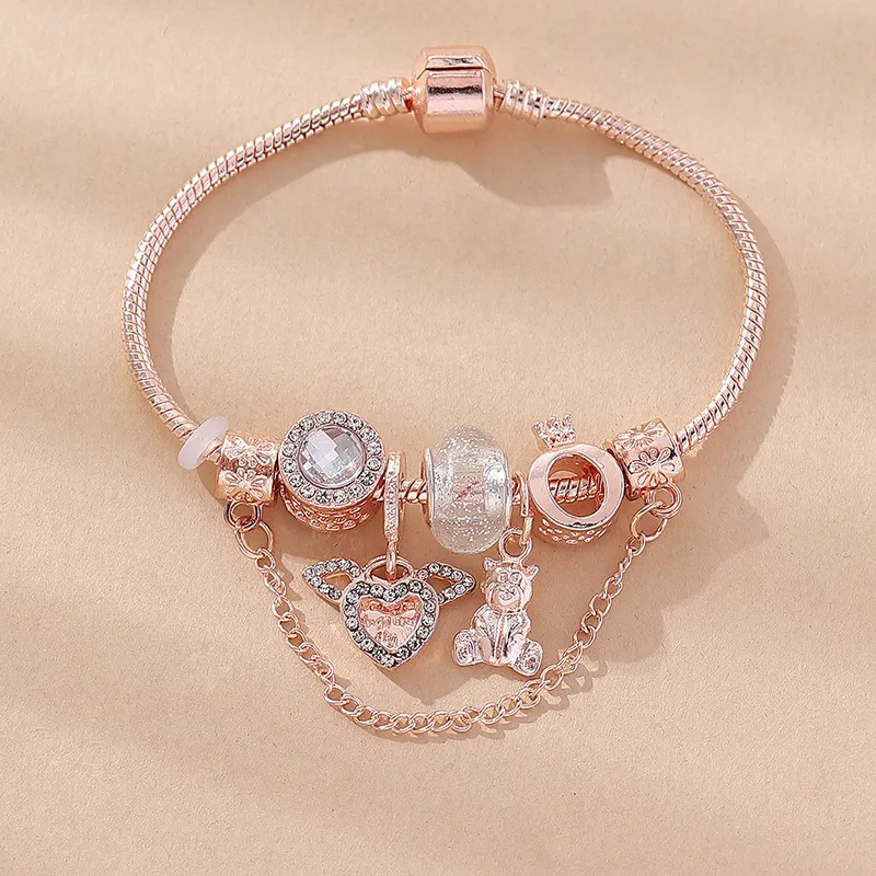 Fashion Beaded Bear Angel Wings Pendant Crown Crystal Copper Bracelet Women