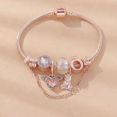Fashion Beaded Bear Angel Wings Pendant Crown Crystal Copper Bracelet Women