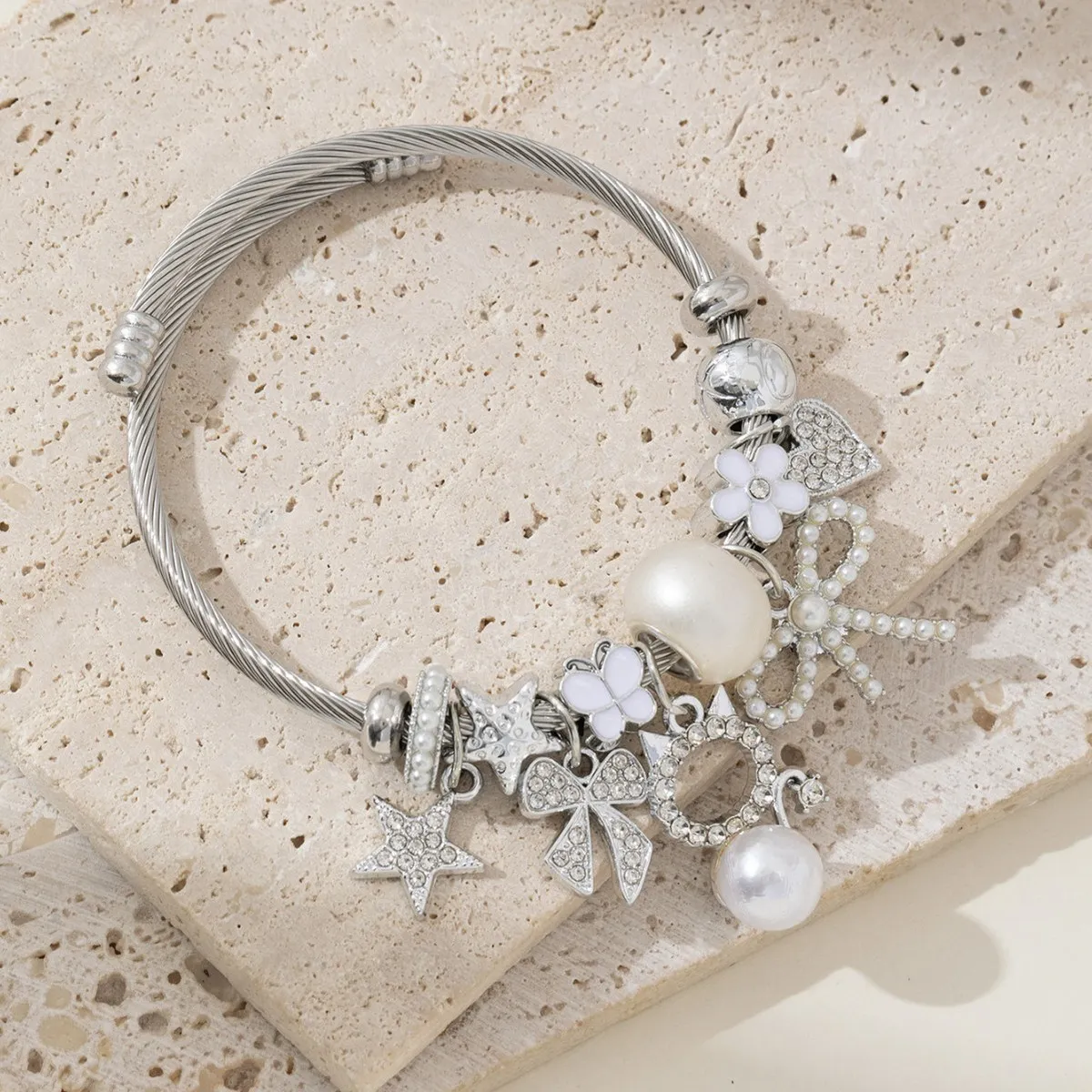 Women Fashion Beaded Pearl Cat Bowknot Love Star Bracelet