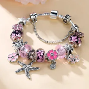 Women Vintage Fashion Starfish Oil Drop Floral Turtle Rhinestone Four-Leaf Clover Pendant Bracelet
