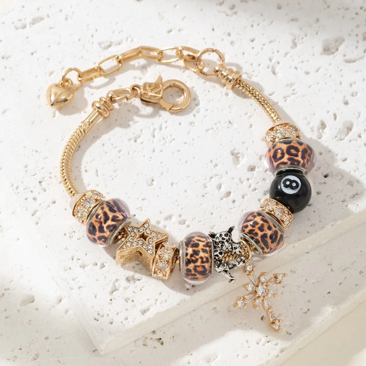 Women Fashion Copper Zirconium Cross Leopard Beaded Bracelet