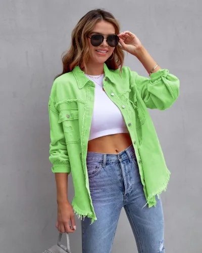 Women Fashion Casual Simple Solid Color Lapel Long-Sleeve Denim Jacket