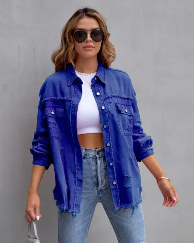 Women Fashion Casual Simple Solid Color Lapel Long-Sleeve Denim Jacket