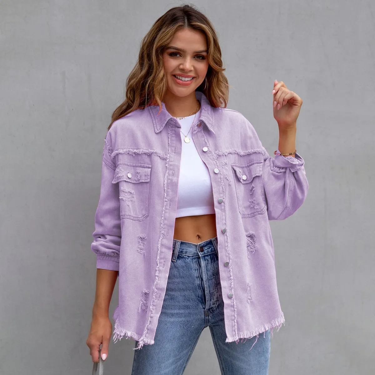 Women Fashion Casual Simple Solid Color Lapel Long-Sleeve Denim Jacket