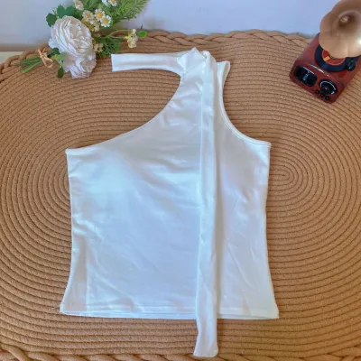 Women Fashion Sexy Solid Color Oblique Shoulder Sleeveless Strap Crop Top