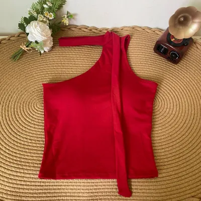 Women Fashion Sexy Solid Color Oblique Shoulder Sleeveless Strap Crop Top