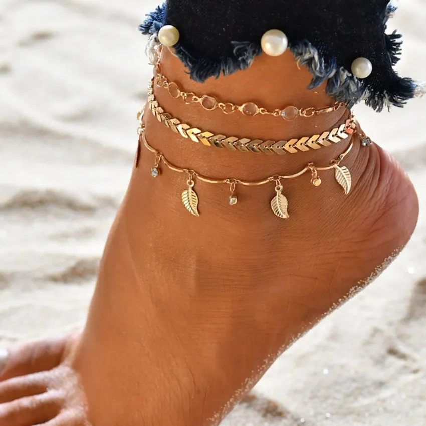 Women's Creative Hollow Alloy Leaves Fish Bone Zircon Anklet Set