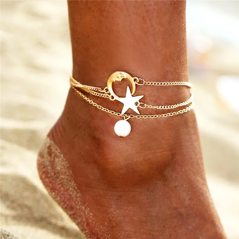 Women's Fashion Metal Alloy Moon Star Imitation Pearl Three-Layer Anklet Set