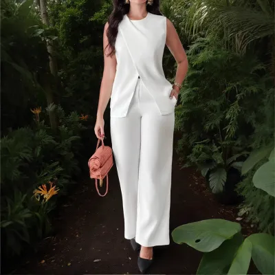 Women Fashion Casual Solid Color Sleeveless Belt Vest Loose Pants Two-Piece Set